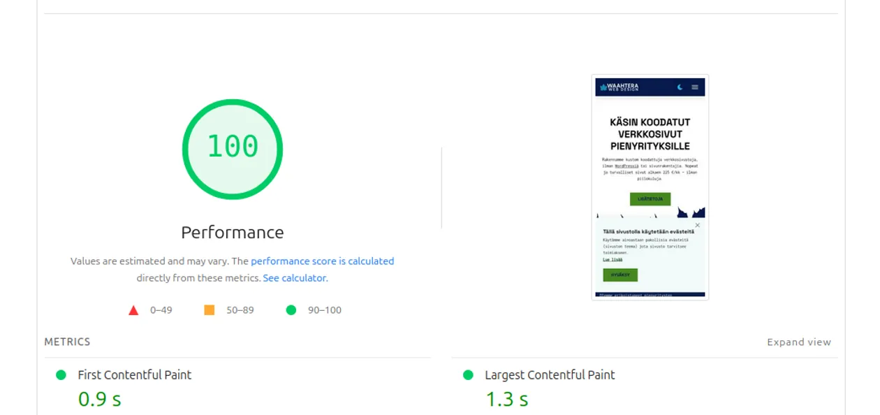 verkkosivuston suorituskyky